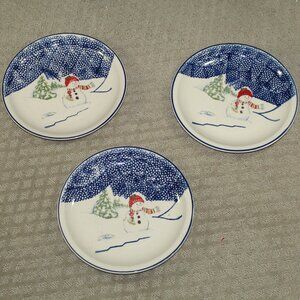 Vintage Set Of 3 Thomson Pottery Snowman 10.25” Dinner Plates Retired